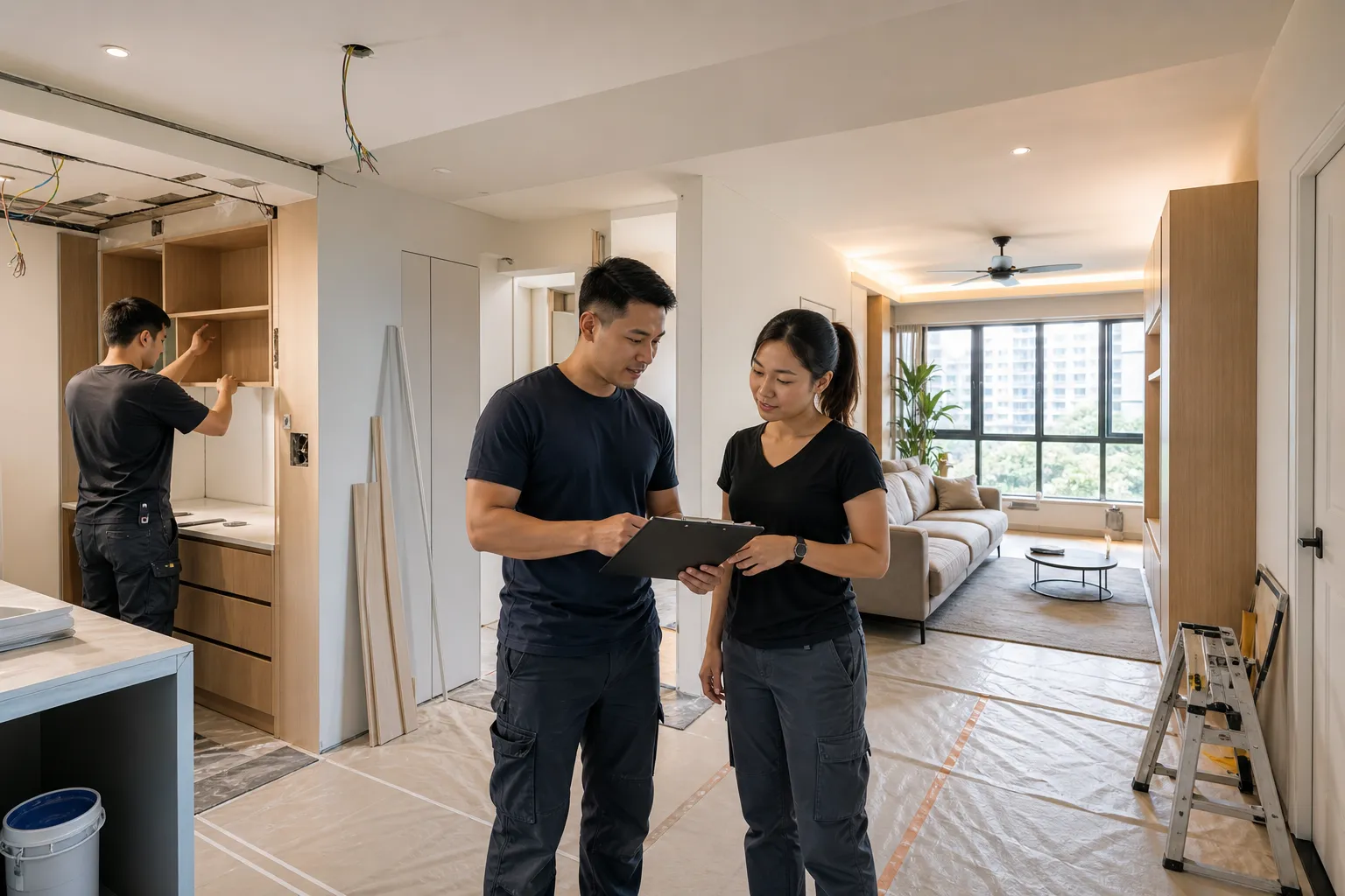 Home renovation team reviewing a project schedule in a Singapore flat