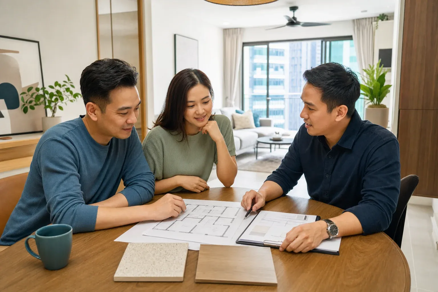 Singapore homeowners reviewing a renovation package, floor plan and material samples with a renovation professional